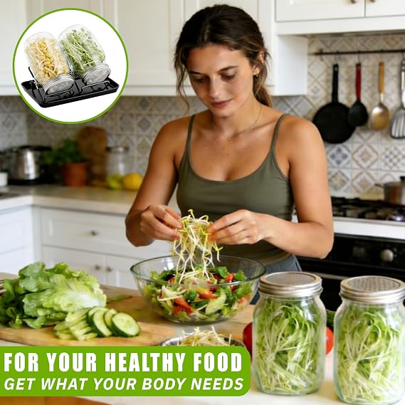 Seed Sprouting Jar Kit – 2Pcs 1000ml Mason Jars with Black Stands, Tray & Sprouting Lids, complete Sprout Growing Kit for Indoor Seed Sprouter to Grow Bean Sprouts & Microgreens
