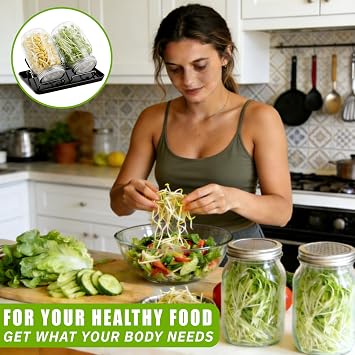 Seed Sprouting Jar Kit – 2Pcs 1000ml Mason Jars with Black Stands, Tray & Sprouting Lids, complete Sprout Growing Kit for Indoor Seed Sprouter to Grow Bean Sprouts & Microgreens