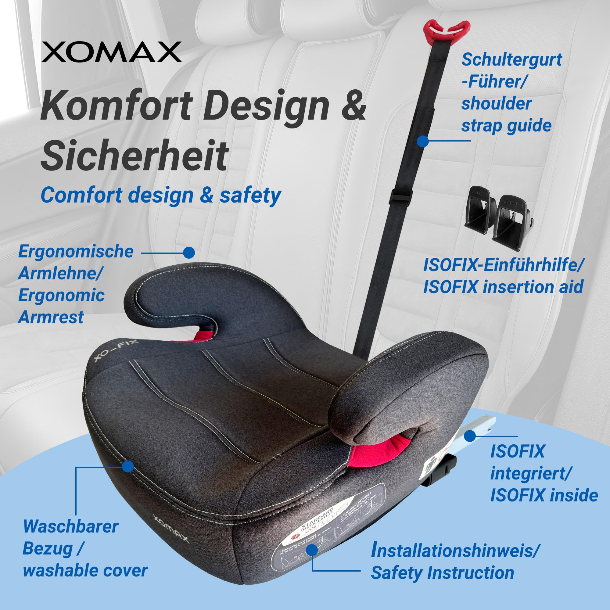 XOMAX XL-313 Kindersitz mit ISOFIX und Gurtfuhrung I mitwachsend 15-36 kg, ca. 6-12 Jahre, Korpergroße von 125–150 cm, Gruppe 2/3 I Bezug abnehmbar und waschbar I ECE R129,