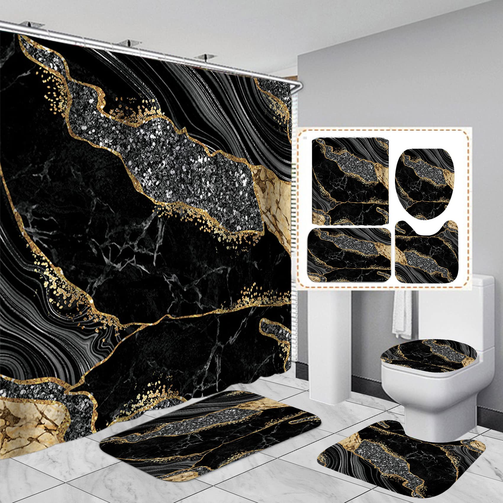 EMHOME Black 4Pcs Marble Shower Curtain Sets, Gold Cracked Lines Crystal Geode Black Gold Bathroom Decor Sets, Rug Toilet Lid Cover and Non-Slip U Shape Mat,Shower Curtain with 12 Hook,Black