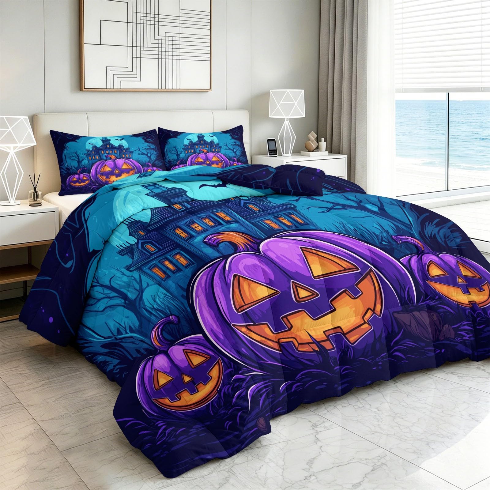 Piumino stampato, 200 x 200 cm, senza copripiumino, motivo zucche viola, case infestate, 4 stagioni, lavabile, morbido e caldo, trapuntino reversibile, motivo per letto matrimoniale e coppia, blu