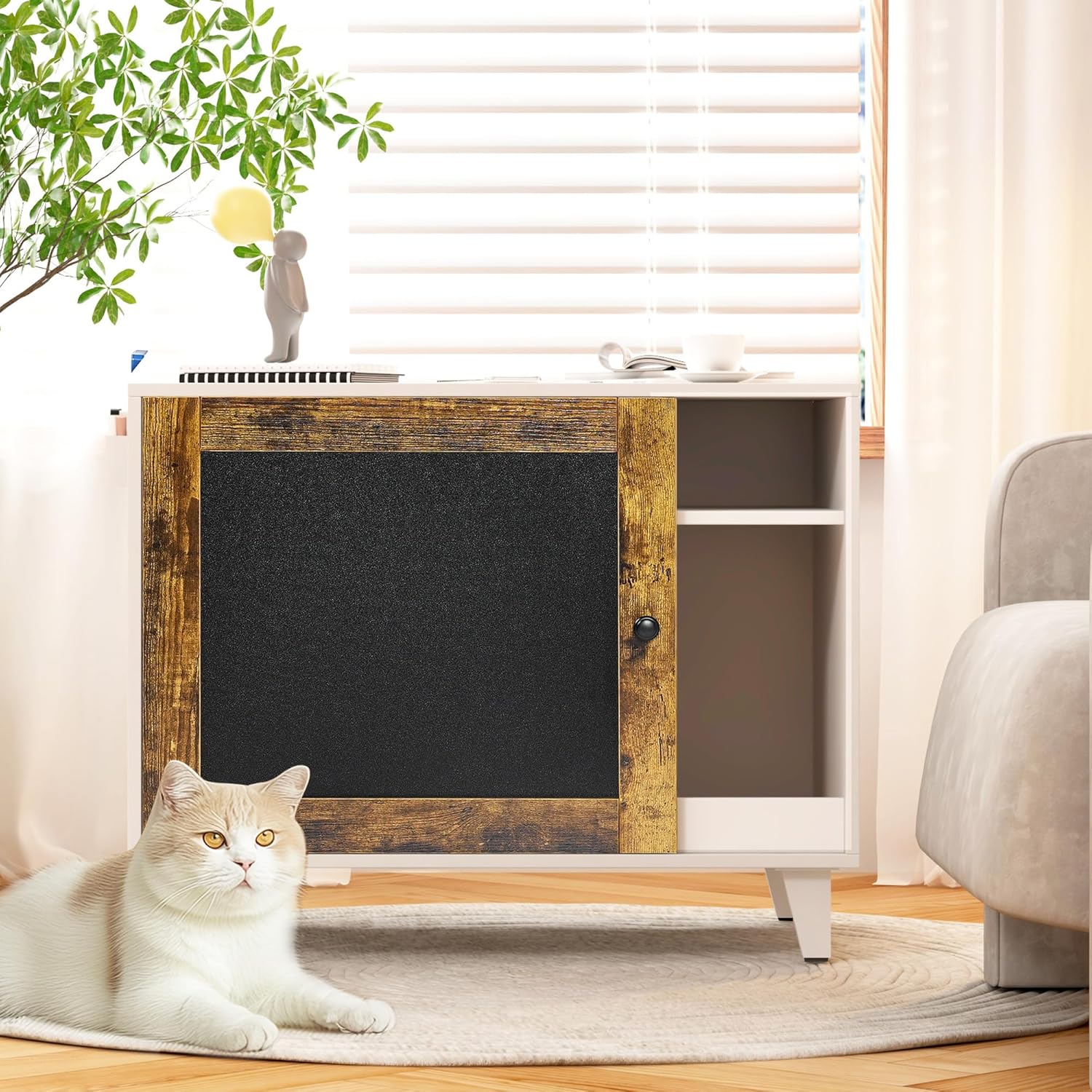 Litter Box Enclosure, Modern Hidden Cat Litter Box Furniture with Scratching Pad, White with Vintage Color Door Frame, Enclosed Cat Litter Box for Living Room