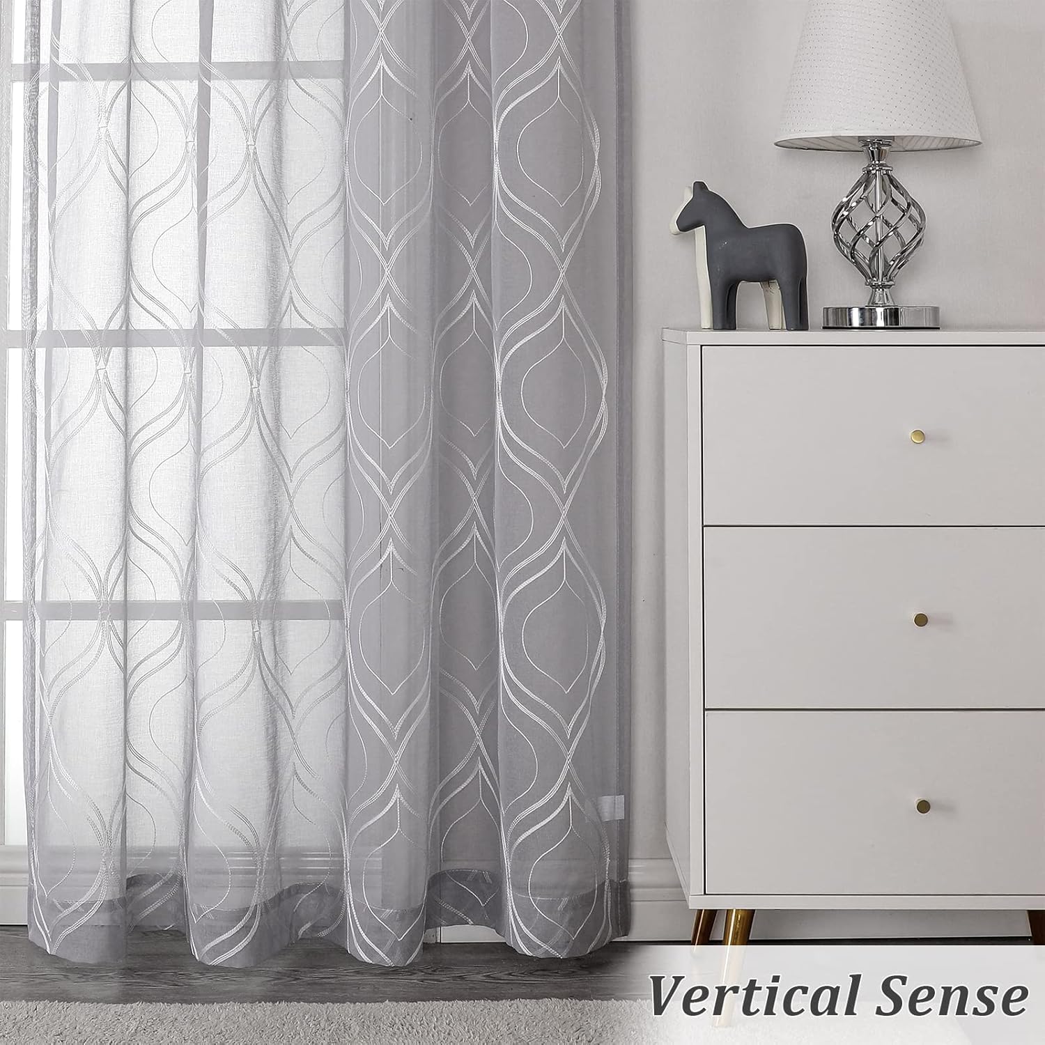VISIONTEX Sheer Curtains 72 Inches Long 2 Panels Set Light Grey Moroccan Embroidered Curtains Trellis French Textured Rod Pocket Voile Tulle Semi Window Drapes for Bedroom Living Room 54 x 72 Inches