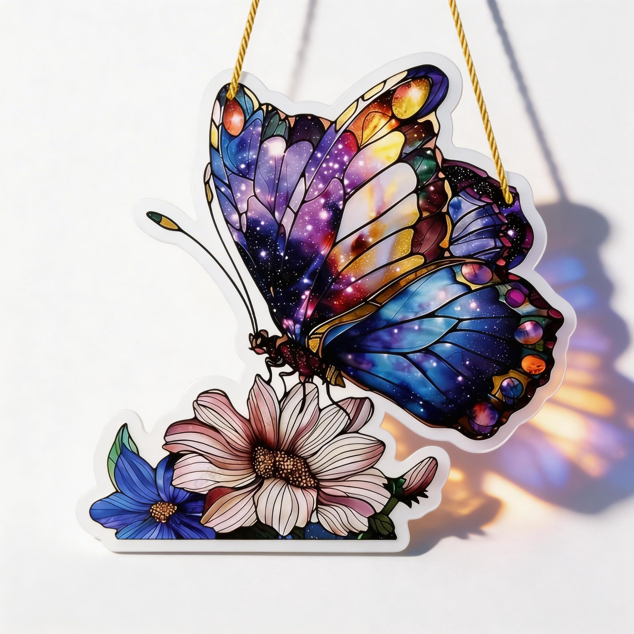 Minwegi Purple Sun Catcher Butterfly Ornament - Stained Glass Style Acrylic Hanging Decor With Floral Design For Windows, Home, Garden (8 Inch, Blue Gradient)
