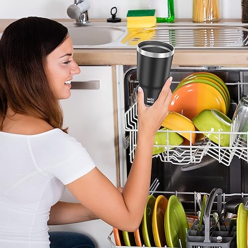 Miniatura 8 de WETOWETO Vaso aislado de 30 onzas con 2 tapas y 2 popotes, vaso de café de acero inoxidable con doble vacío con asa, taza de viaje con recubrimiento