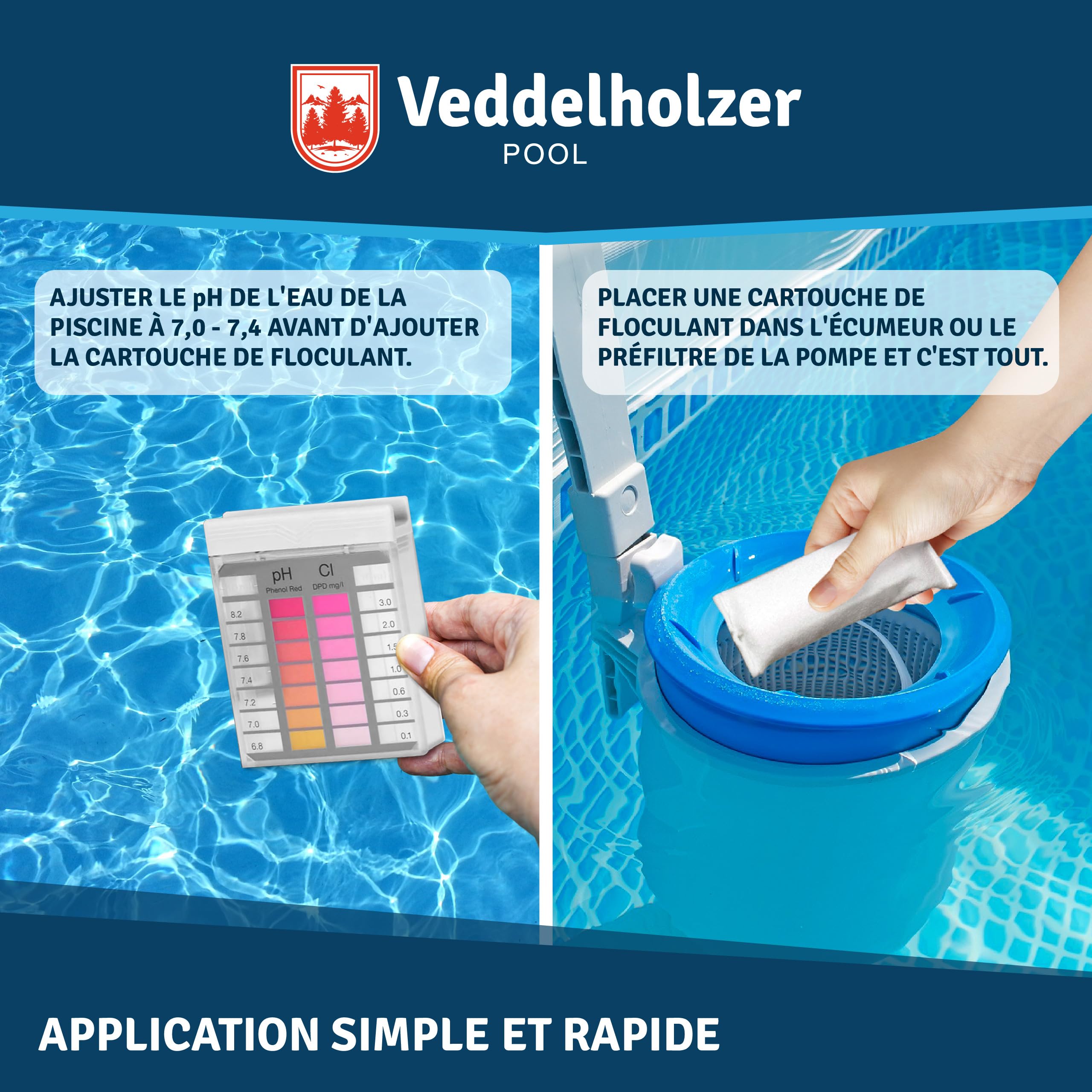 Veddelholzer 1 kg Cartouches de floculant pour Piscine, 8 x 125 g, pour filtres à Sable, Verre filtrant et Boules filtrantes, Aide à la Clarification de l’Eau