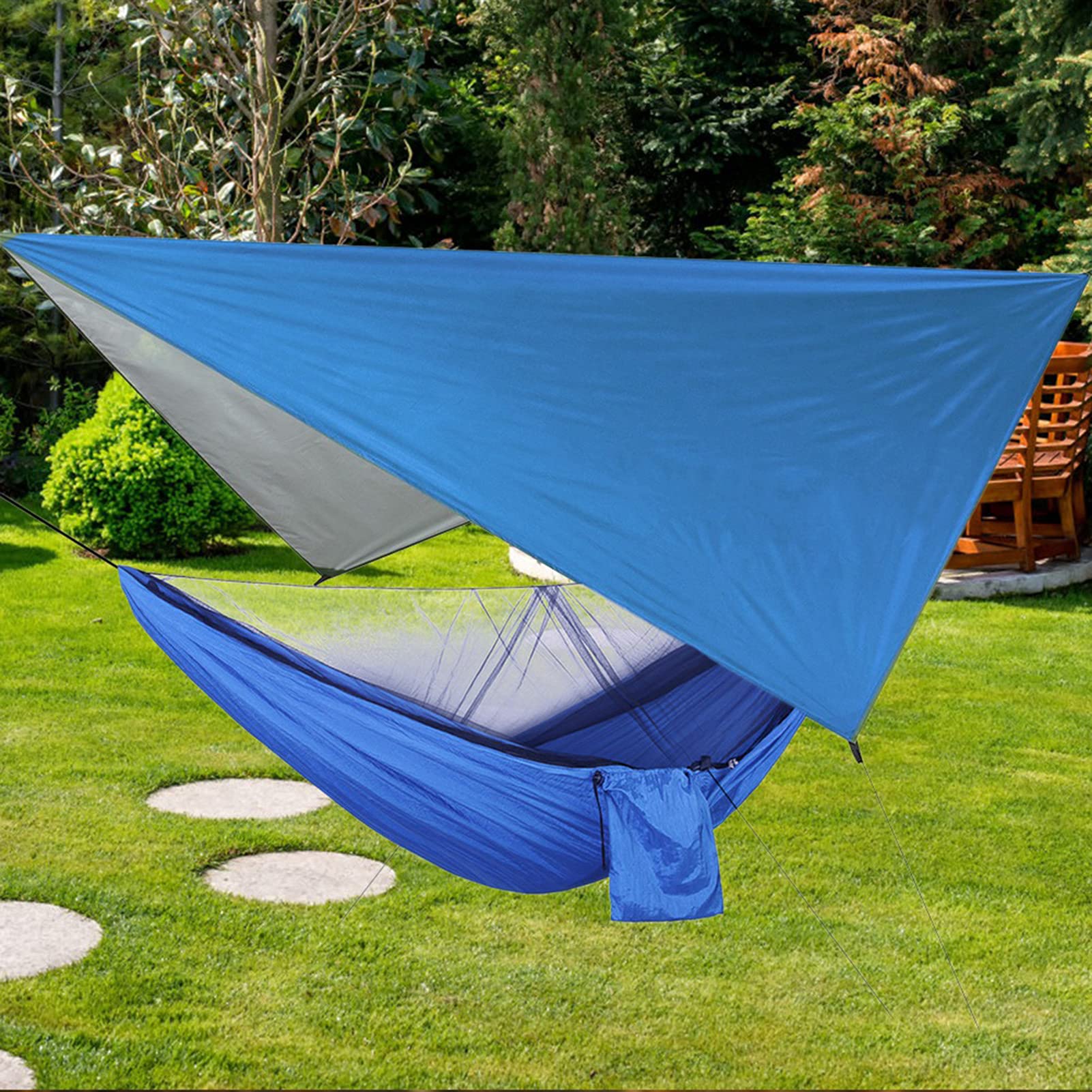 Hamac Tueur avec moustiquaire, Tente hamac Double Parachute Portable pour Voyager en Camping (la Couleur du Sac à Clous au Sol est aléatoire) (Blauer Himmel mit Blauer Hängematte)
