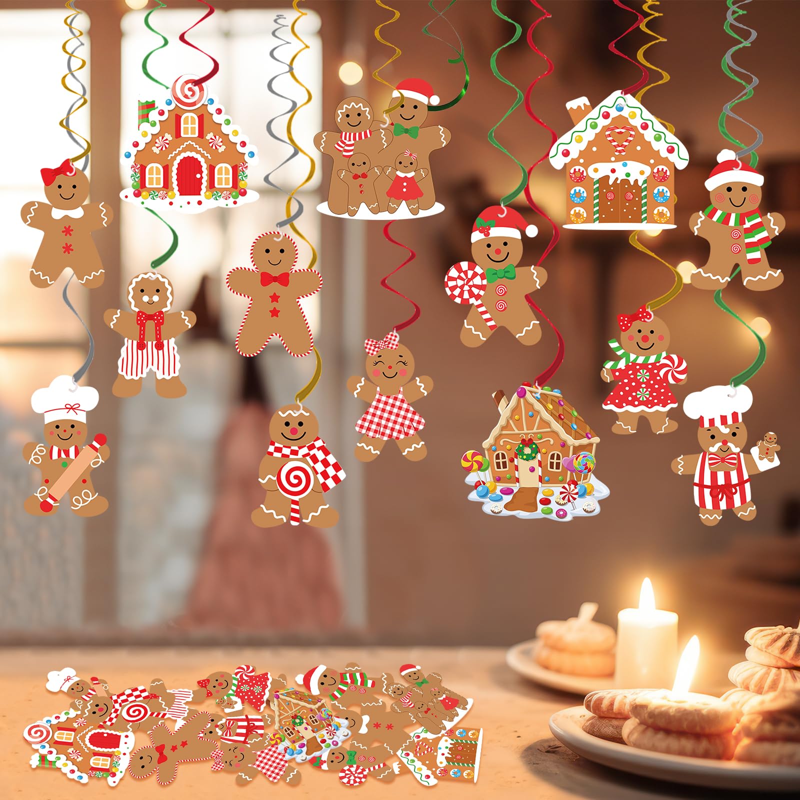 30 piezas de decoración de remolinos colgantes de Navidad, Feliz Navidad, hombre de jengibre, serpentinas colgantes para invierno, país de las maravillas, Navidad, Año Nuevo, vacaciones, fiesta de