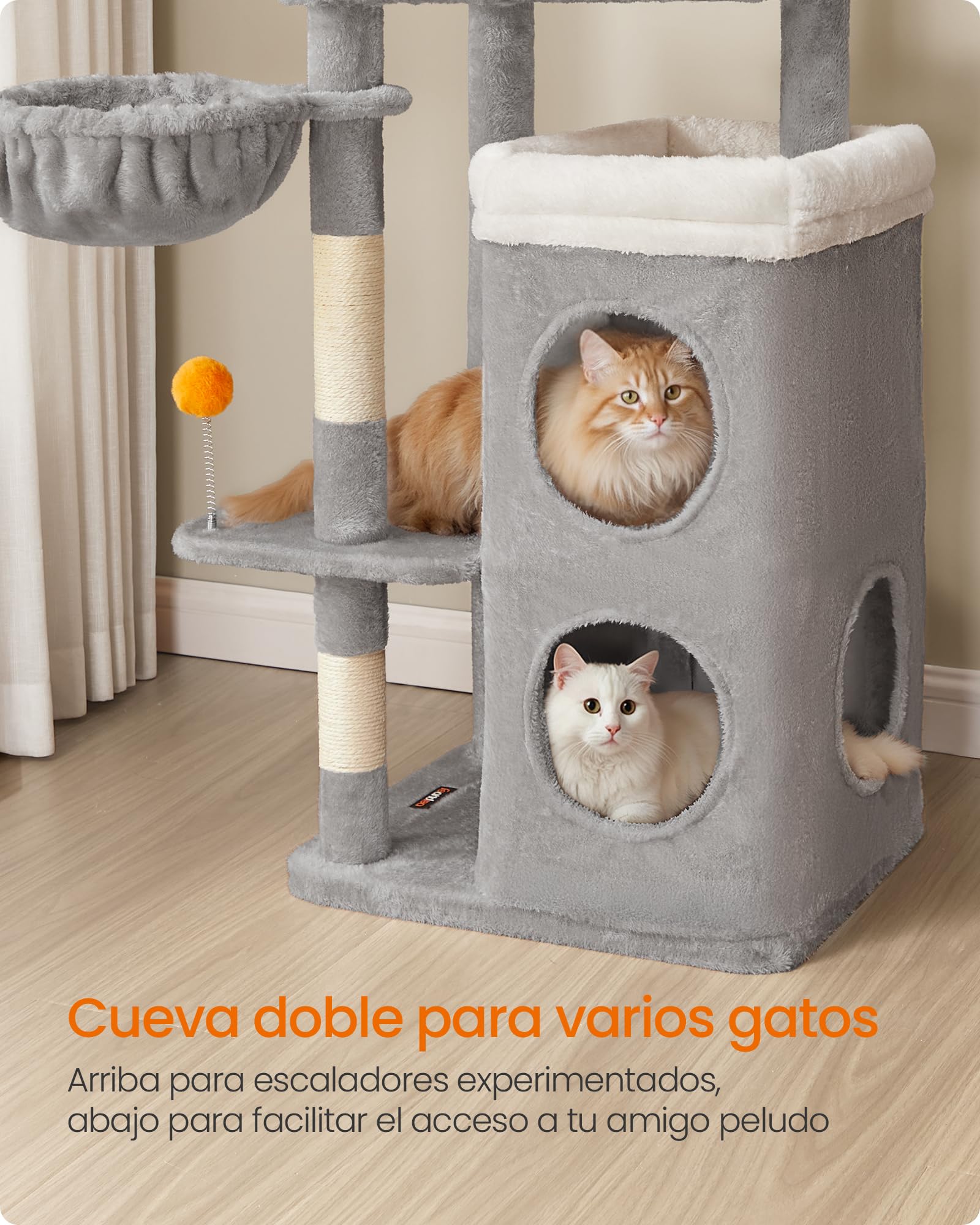 Feandrea Árbol Alto para Gatos, Altura de 152 cm, Rascador Multinivel con 2 Cuevas Grandes, una Hamaca, 3 Columnas para Arañarse, 3 Plataformas, Gris Paloma PCT007G01