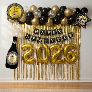 Deluxe 2026 New Year's Eve Decorations Kit | Black Gold White Confetti Transparent Balloons | Jumbo 2026 Numbers, Champagne Star Globe Foil and New Year Banner for NYE Party Supplies