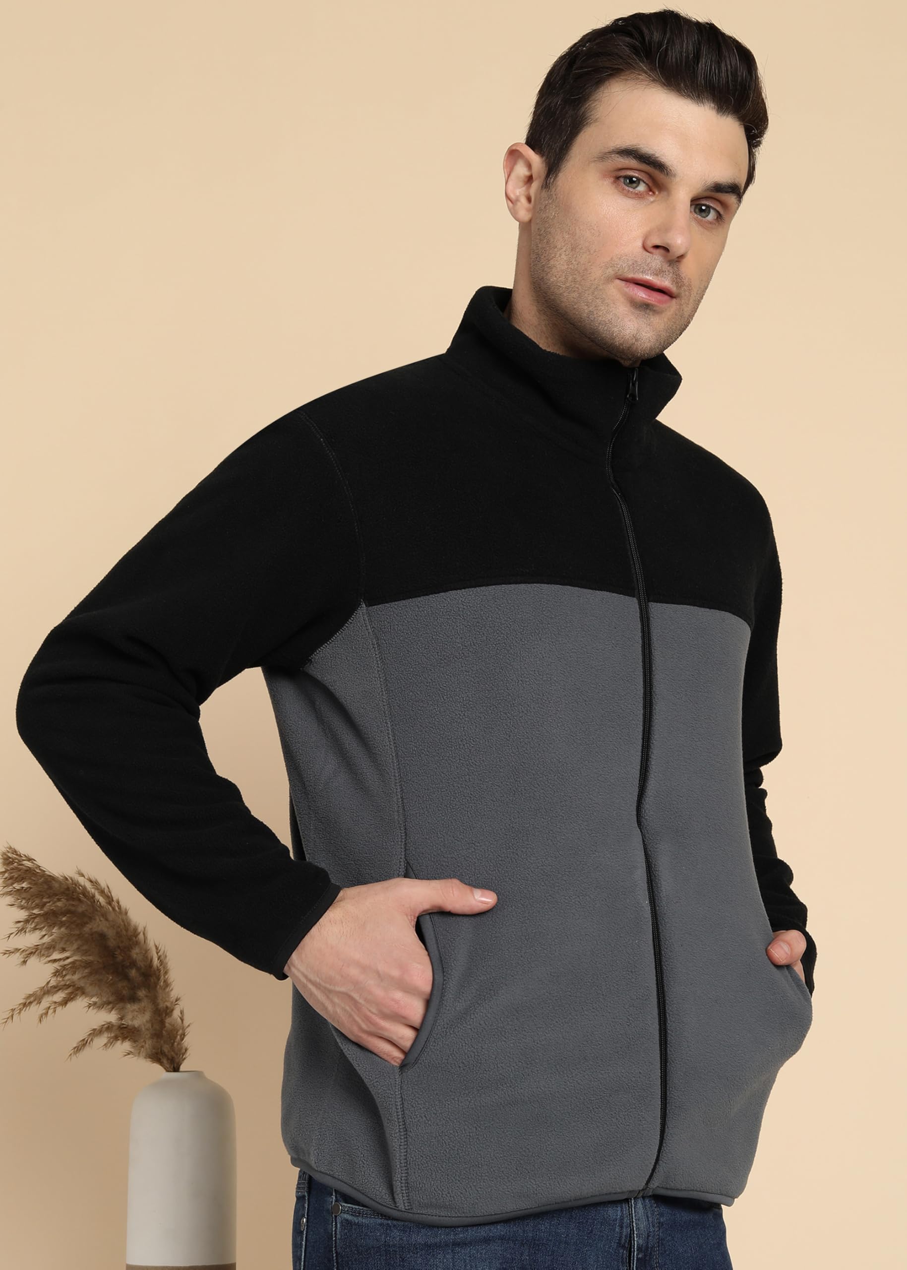 Alan Jones Clothing Men’s Fleece Full-Zip Jacket | Warm Puffy Polyester Jacket with Stand Collar & Piped Cuffs (Grey_XL) - Image 4 thumbnail