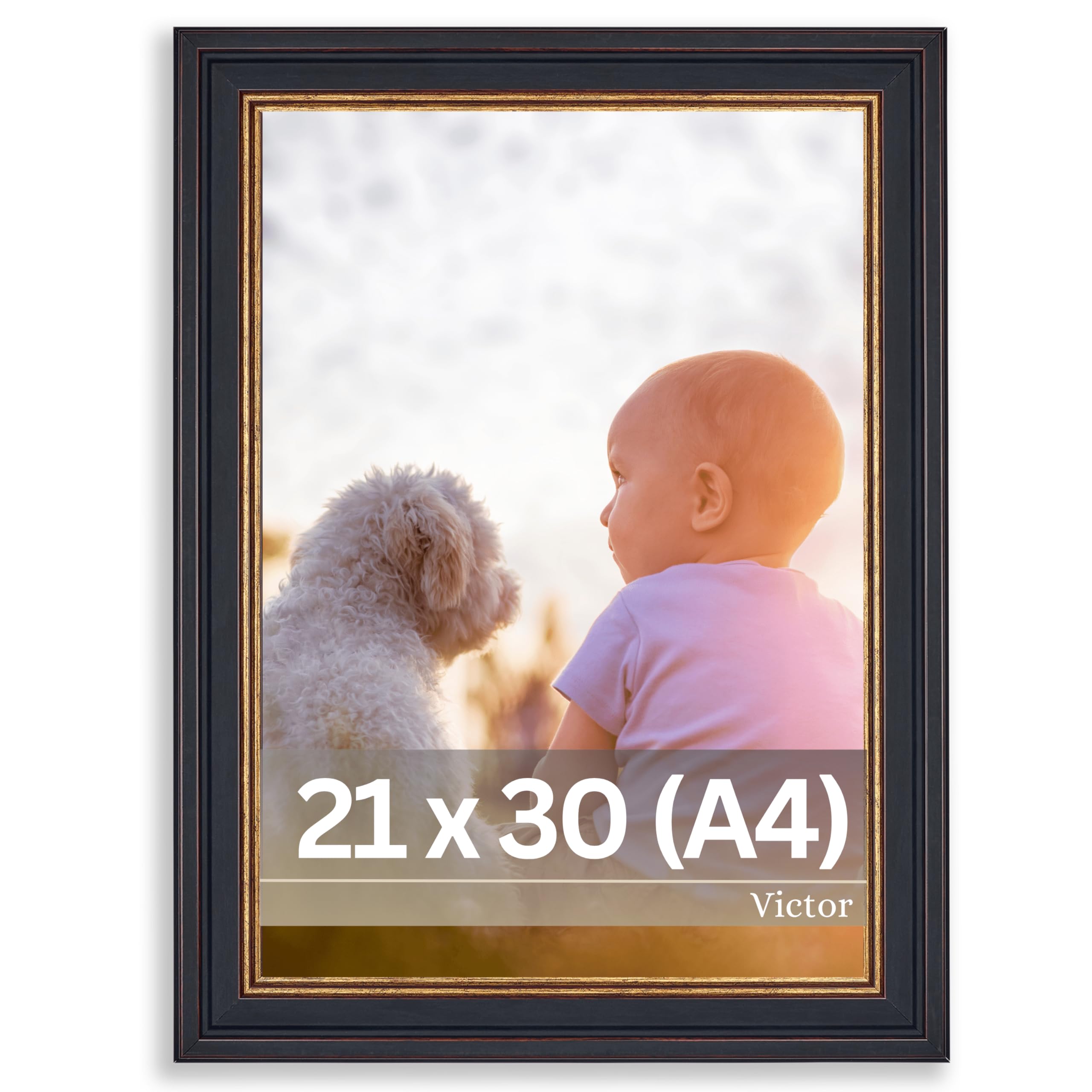 Victor Fotolijst Goya Zwart Goud - Set Van 3 - in 18x24 cm - Staaf: 31x19mm - Vintage Fotolijst met Onbreekbaar Acrylglas - Fotolijst 18x24 Zwart