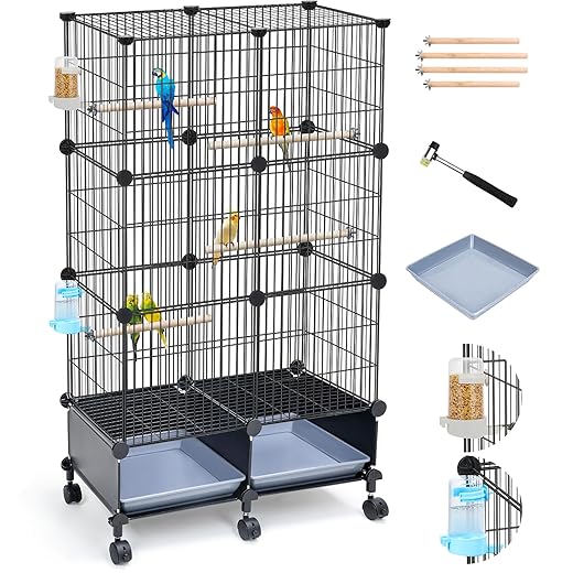 46-Inch Bird Cage, with Wooden Perches, Metal Parakeet Cage with Slide-Out Tray, Water Bottle & Feeder, Bird Cages for Parrot, Parakeets, Cockatiel, Lovebird, Pigeon and Small Mid-Sized Birds