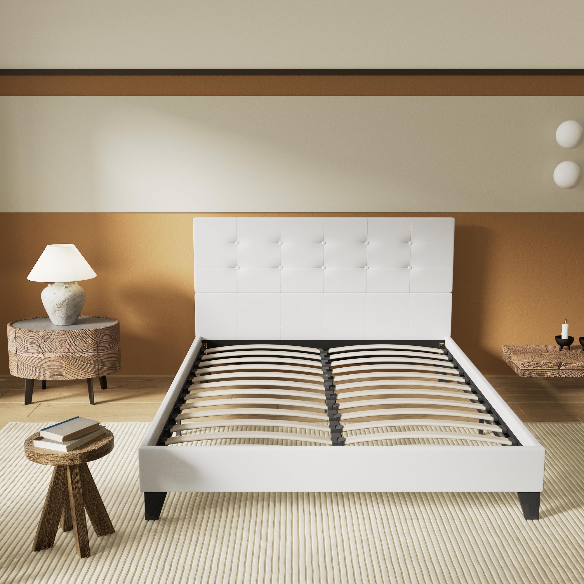 NOVEMBER Letto Matrimoniale – Rete e Testiera Capitonné – 160 x 200 cm – Rivestimento Sintetico Bianco – Stabile e Robusto con Piedi Centrali di Rinforzo