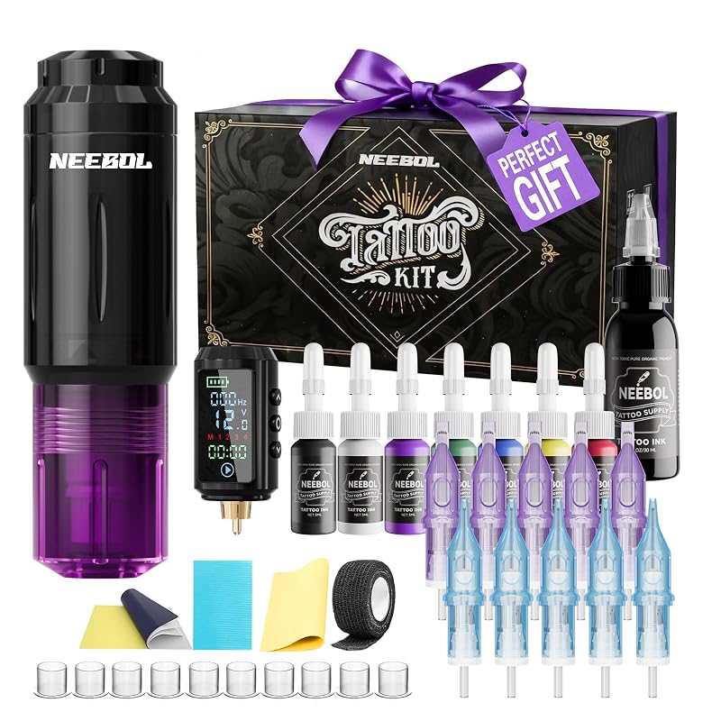 Kit para tatuagem sem fio Neebol com caneta, bateria e acessórios