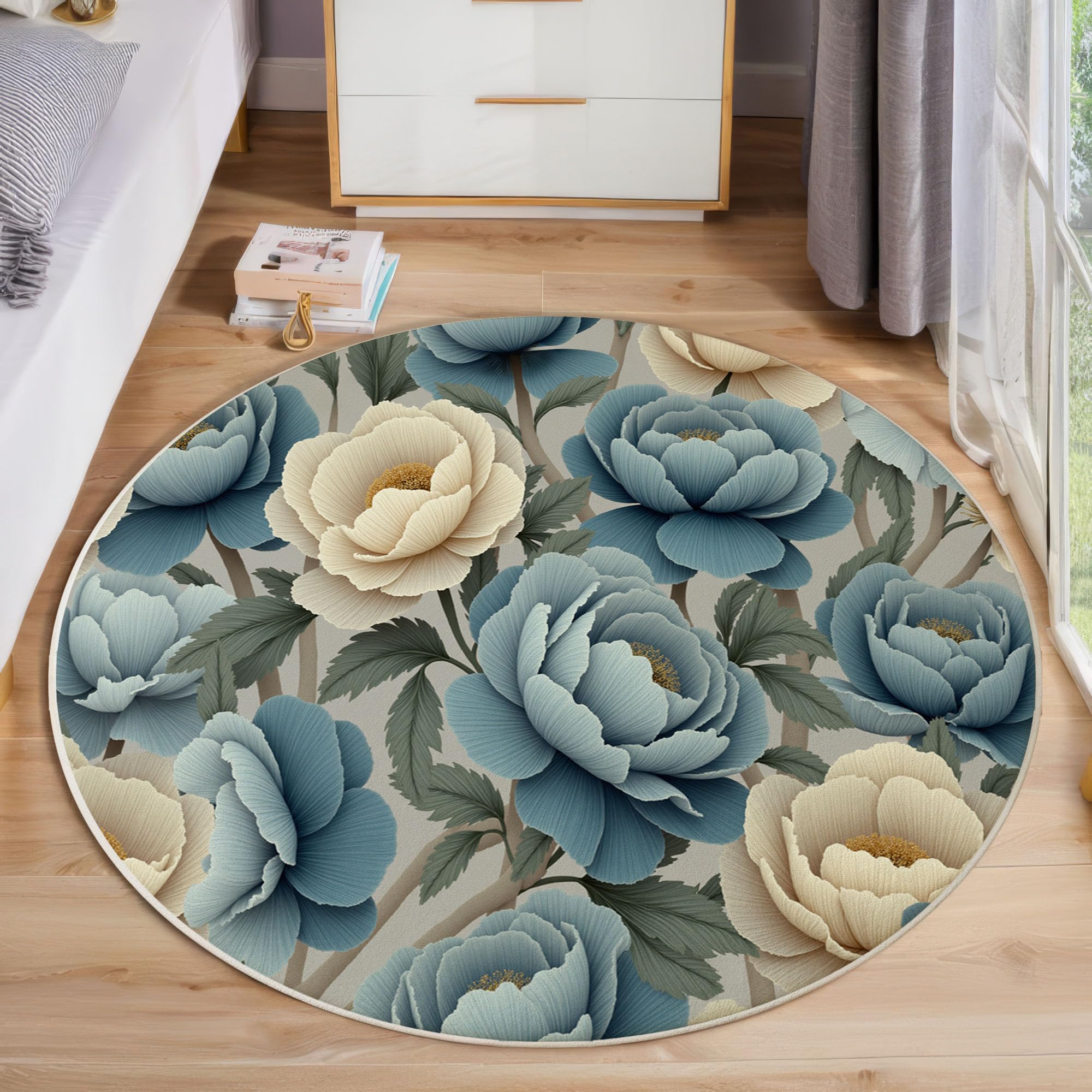 Tapis rond poil bas lavable 100cm au motif floral pivoines pour salon et couloir