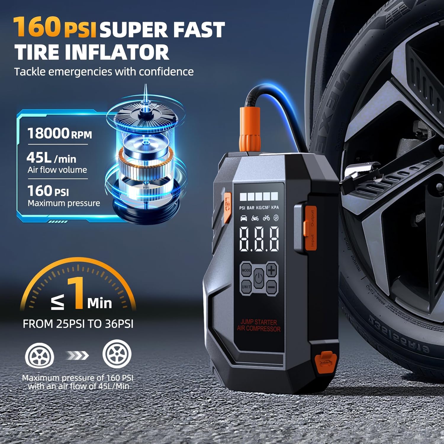 10-in-1 Portable Car BatteryJump Starter with Air Compressor 6000A 26800mAh 160PSI Jump Starter (All Gas/12L Diesel), 12V Jump Box Car Battery Jumper Starter Portable Jumper Cables, Lights - Image 3