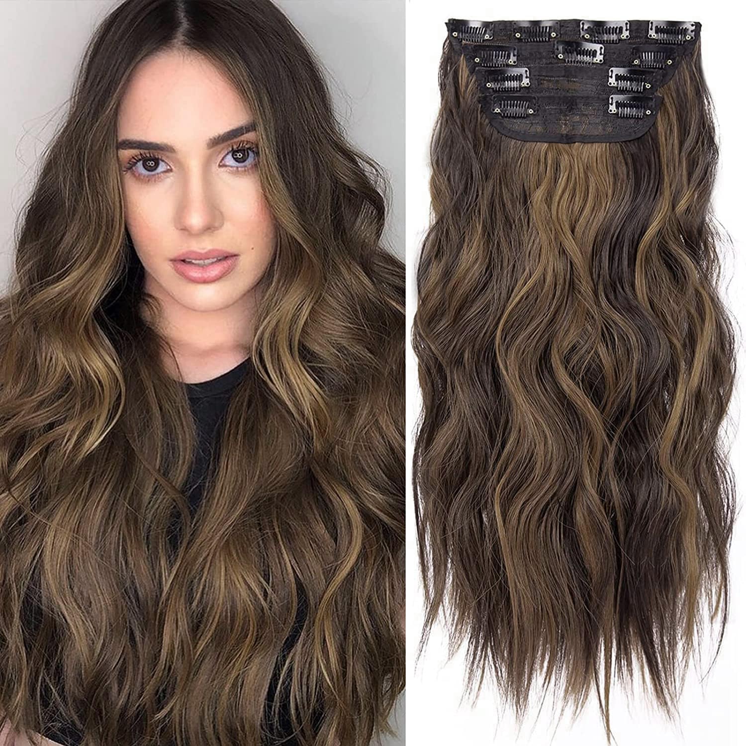 LEEONS 4PCS Clip in Hair Extensions for Women Brown Highlighted Caramel Blonde Long Wavy Thick Hair Extensions Clip in Double Weft Hair Extension for Daliy Use (4pcs, 20Inch, H2/426#)