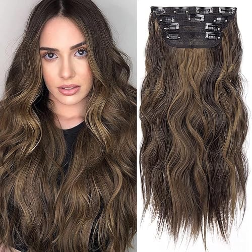 4 extensiones de cabello con clip para mujer, extensiones de cabello largo ondulado con clip de doble trama para uso diario (4 unidades, 20