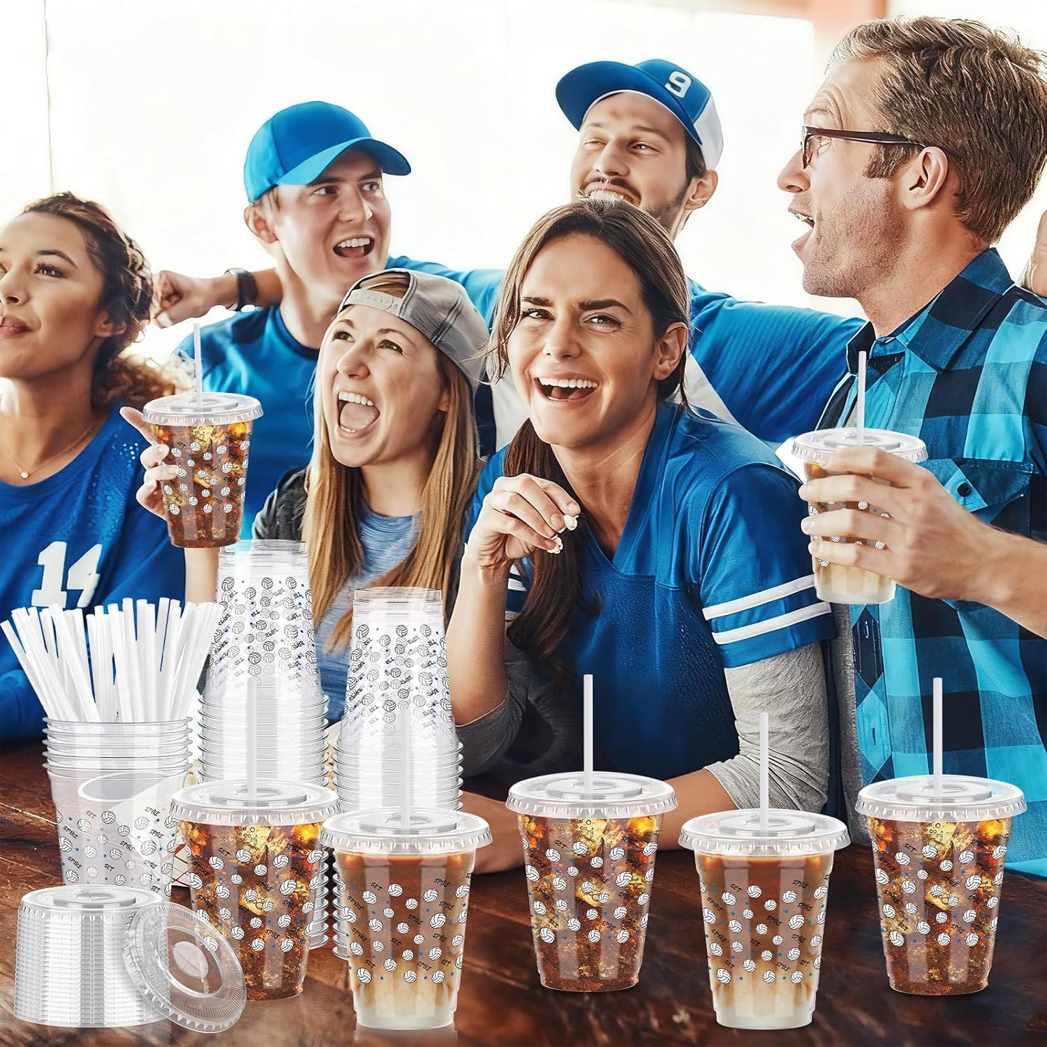 50 Sets 12oz Ball Game Volleyball Plastic Cups with Lids and Straws Clear Disposable Plastic Drinking Cups for Water Coffee Stadium Sports Competition Party Sports Athlete Birthday Party(Volleyball)