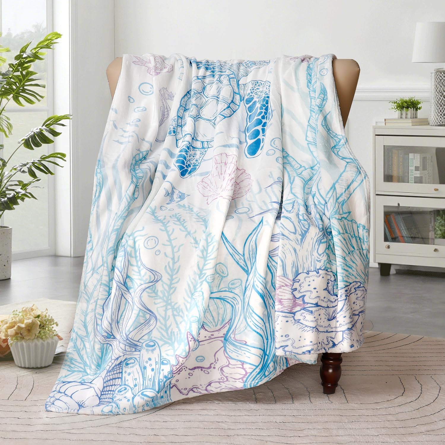 Sea Turtle Throw Blanket Nautical Coastal Throw Blanket Gift for Turtle Lover Throw Blankets Beach Coral Reef Flannel Fleece Throw Blankets for Bed Chair Couch 50" X 60" - Image 3