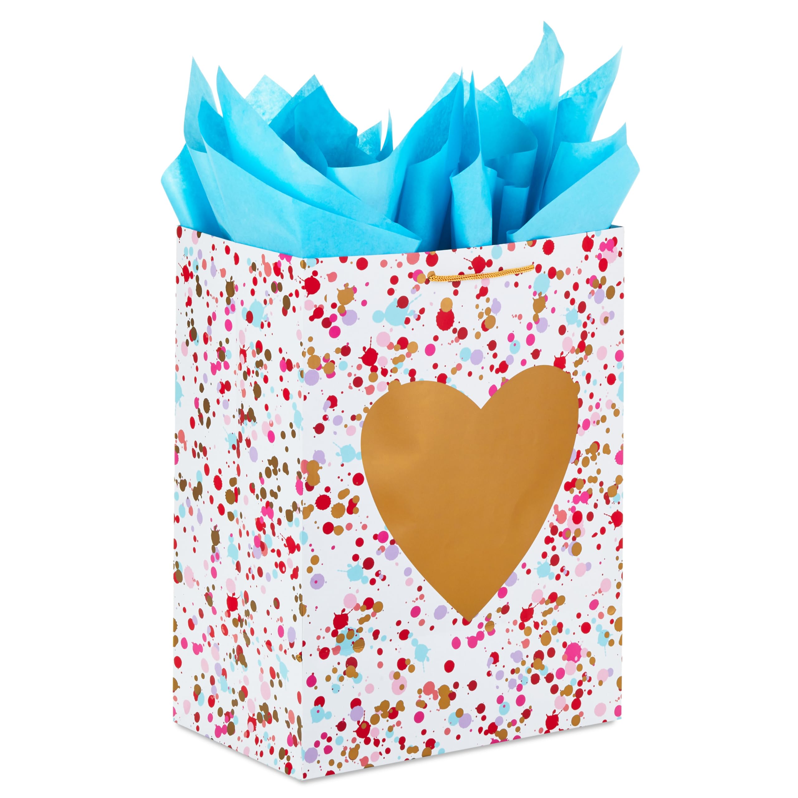 Hallmark 17" Extra Large Valentine's Day Gift Bag with Blue Tissue Paper (Gold Heart, Paint Splatters)