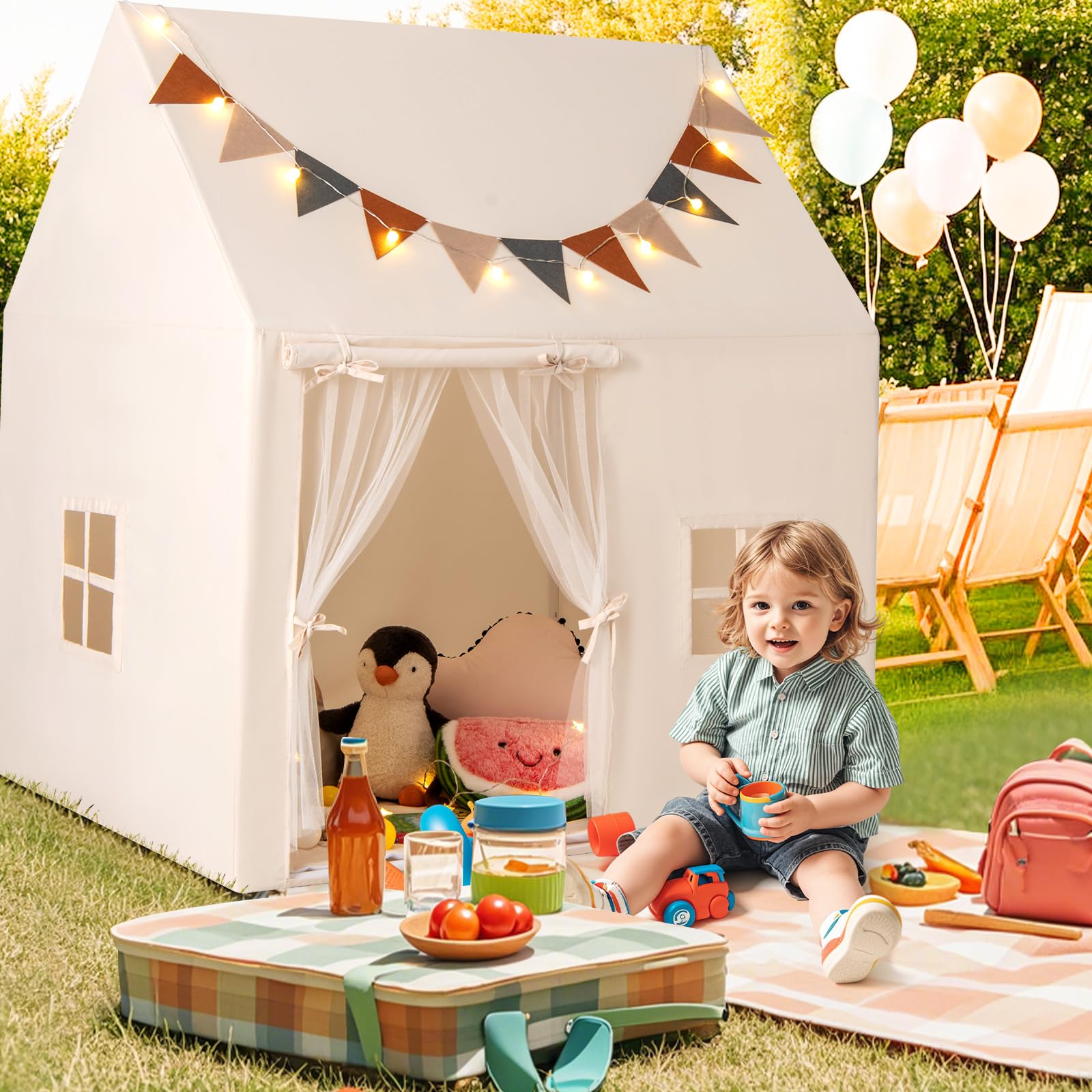 COSTWAY Kinderzelt für Drinnen, Spielhaus Kinder Indoor mit rutschfeste Matte & Lichterketten & Flaggen, Spielzelt Kinderzimmer Zelt für Kinder ab 3 Jahren