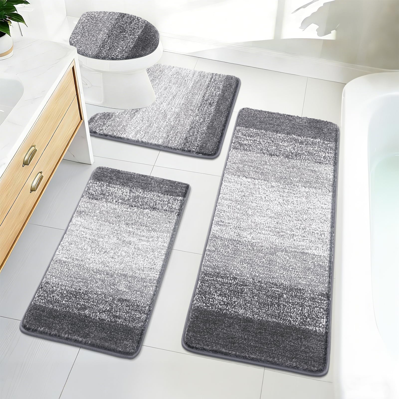 Photo 1 of [ONLY ONE RUG] Bsmathom Bathroom Rugs Sets 4 Piece, Soft Absorbent Microfiber Bath Rugs with U-Shaped Contour Toilet Rug and Toilet Lid Cover, Thick Non-Slip Plush Shaggy Bath Mat Set,Grey