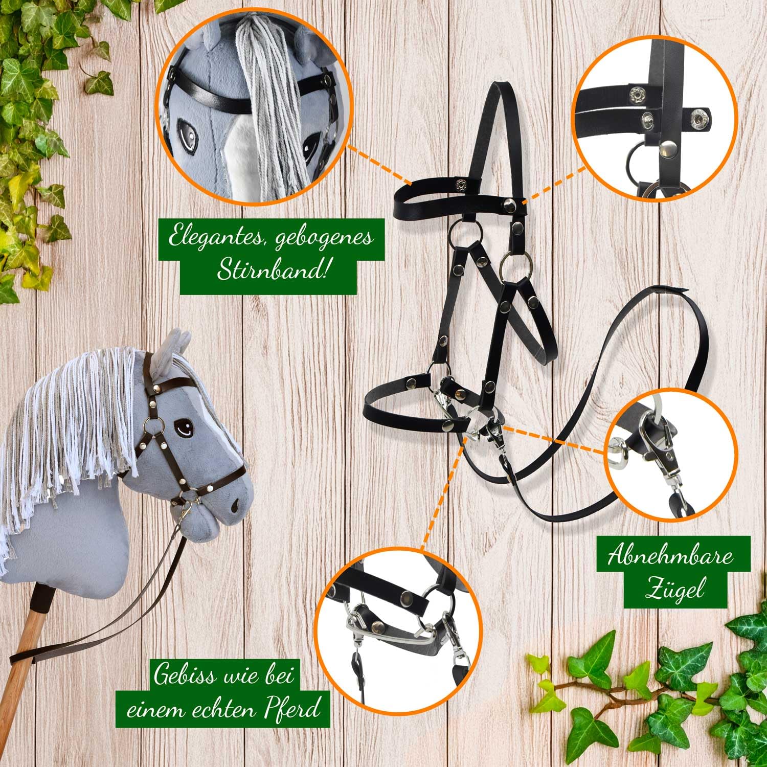 Hobby Horse Grigio A3, cavallo bastone completo di rete, morso, redini e cuffia anti-insetti blu. Testa di cavallo bastone per Hobby Horsing bambini e adolescenti
