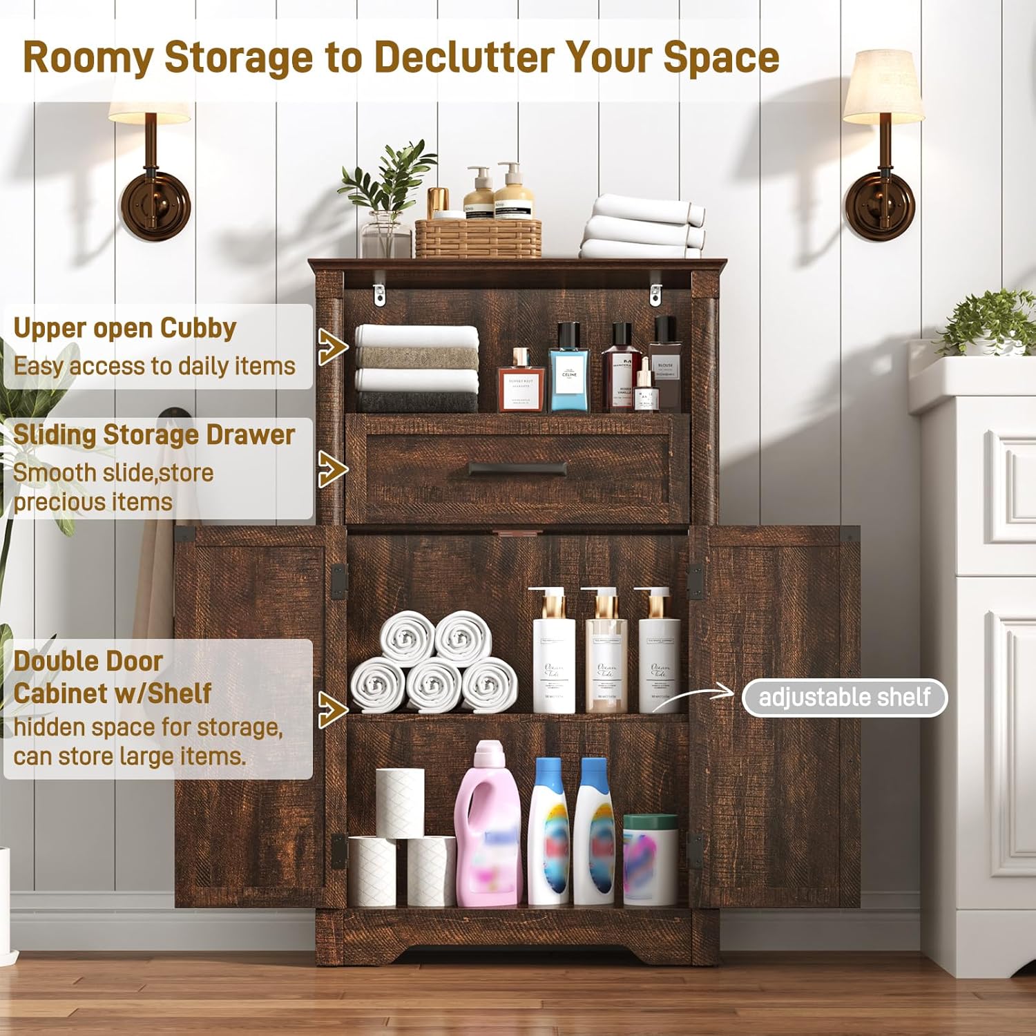 jiteentarou Farmhouse Bathroom Storage Cabinet,Bathroom Floor Storage Cabinet with Roman Column Decor,Small End Table for Bedroom with Barn Doors,Small Bathrooms Organizer(Rustic Brown)