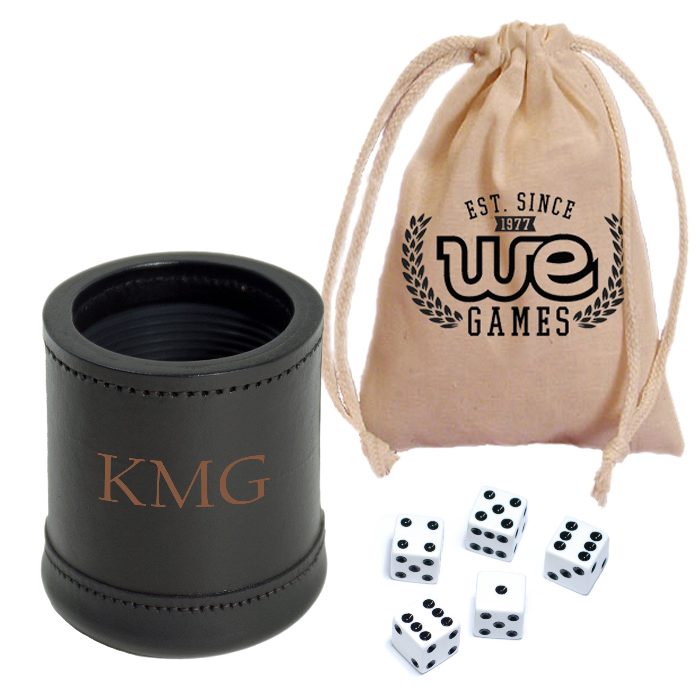 WE Games Custom Engraved Mahogany Leather Dice Cup with 5 Dice and Storage Bag