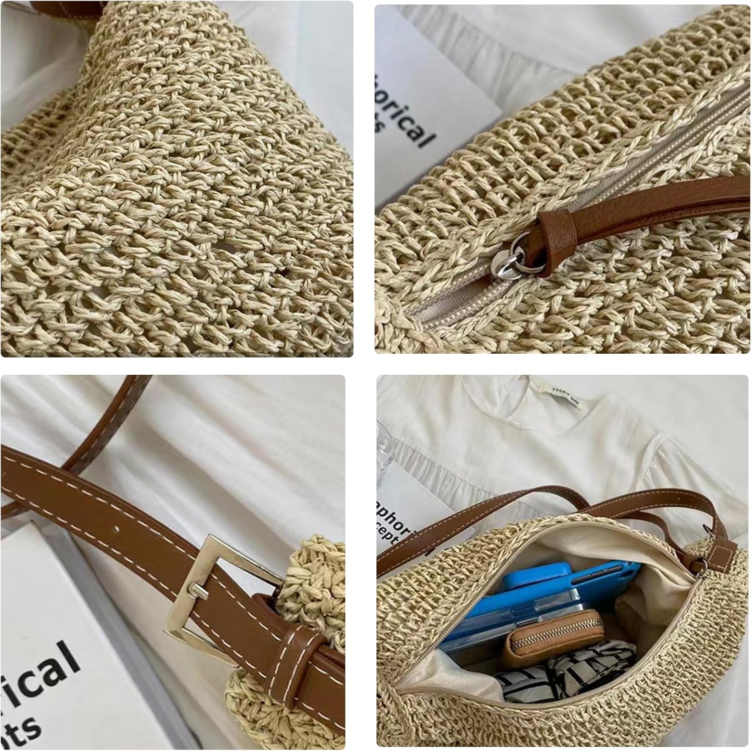 SHESRA Bohemian Straw Bag,Tote Handmade Bag Hand-woven Women Handbags for Retro Summer Vacation Beach Travel Daily Matching 21