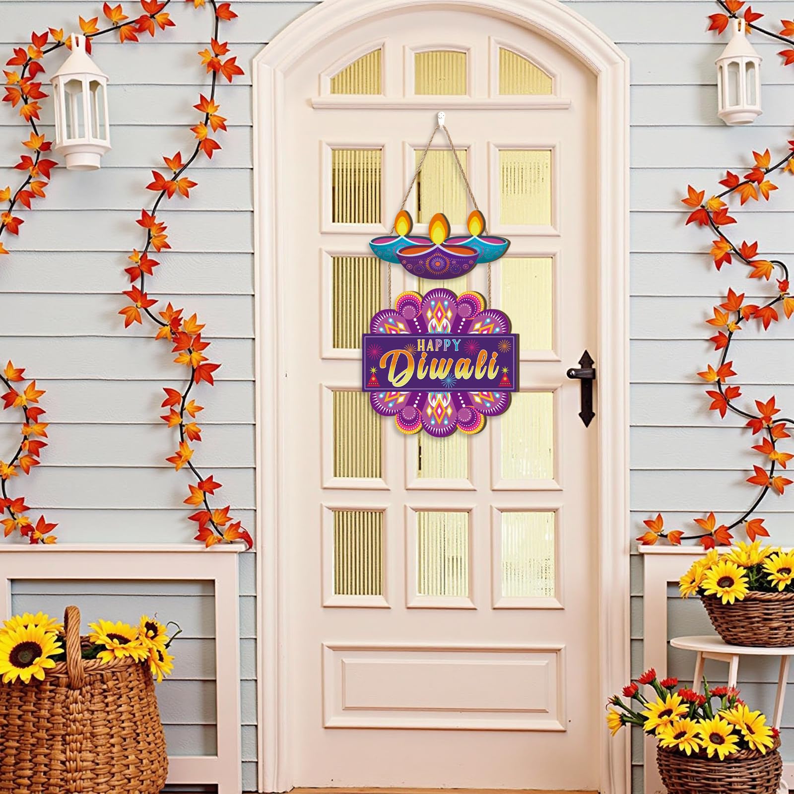 Aurlan Letrero de puerta Happy Diwali, decoración de madera para fiesta de Diwali, festival de luces, placa de pared temática Deepavali, decoración de puerta Diyas, letrero colgante de madera Dewalee