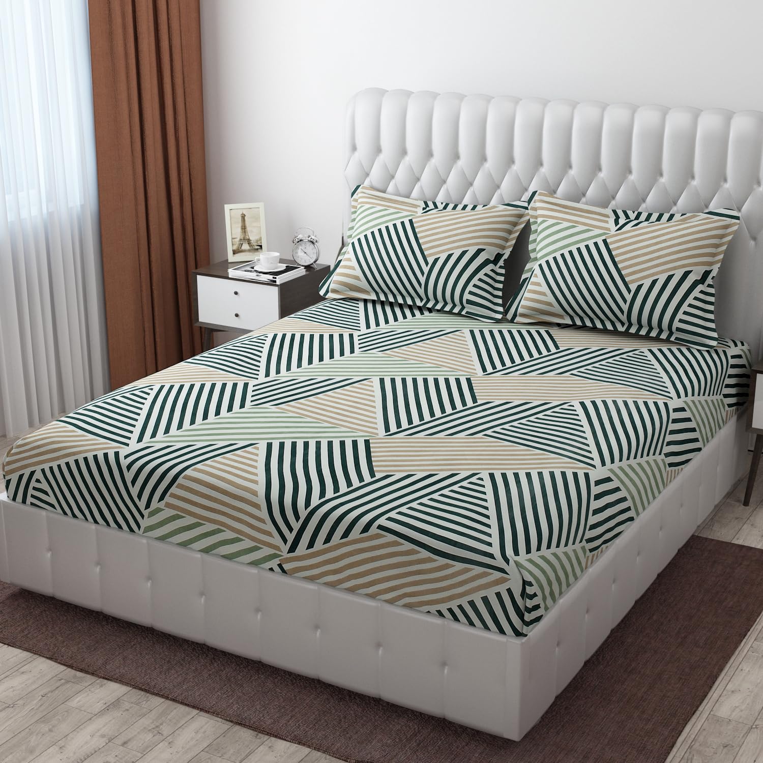 Glace Cotton Fitted King Size Bedsheet for Double Bed with 2 Pillow Covers 72x78x8'' All Round Elastic (Print 3, Modern & Geometric King)-image-13
