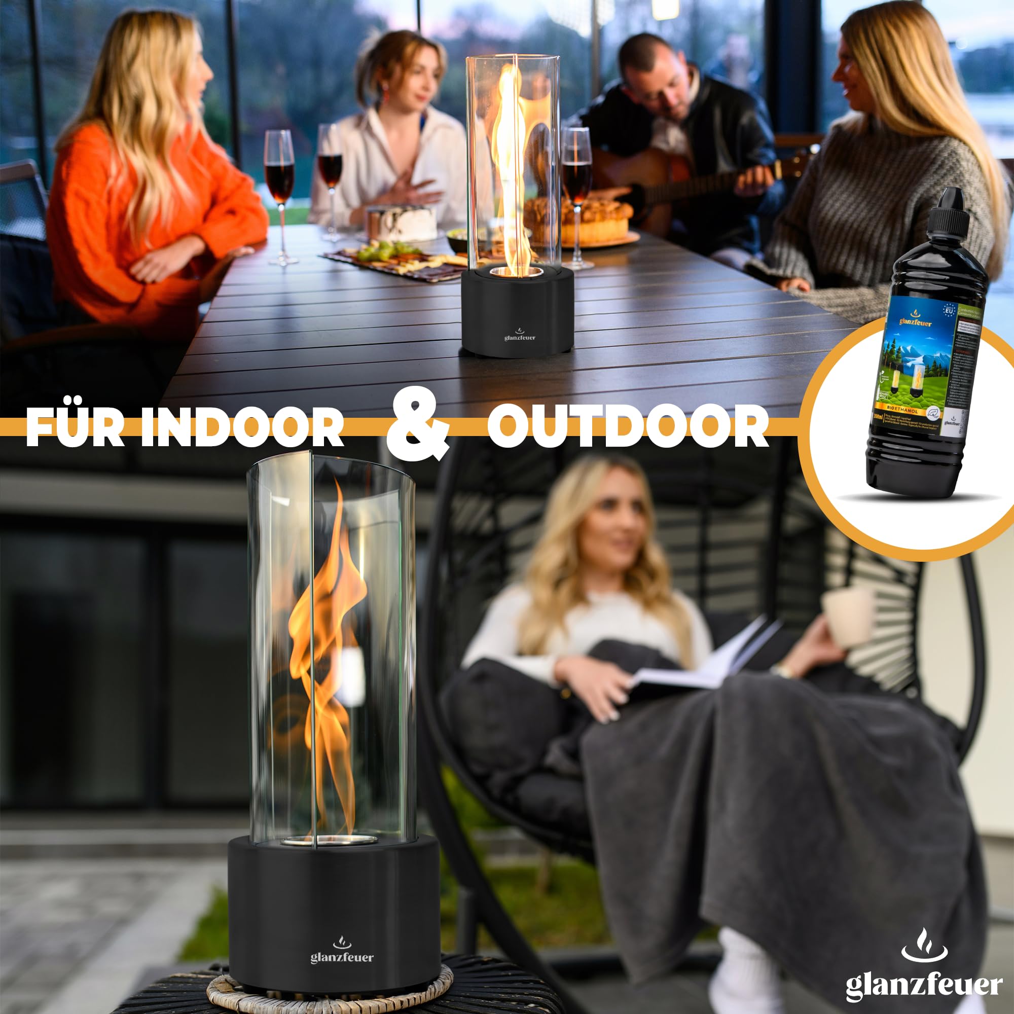 Glanzfeuer Bioethanol Tischkamin Outdoor & Indoor inkl. Bioethanol - Extra Lange Brenndauer mit Wirbelflamme - Tischfeuer Deko - Tisch Kamin Feuer Feuersäule - Garten & Deko Geschenk