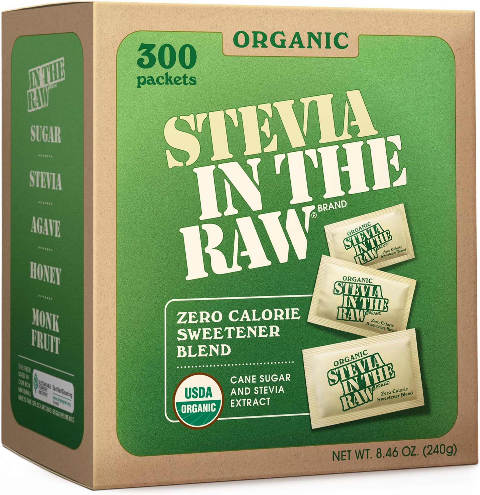 IN THE RAW Stevia Organic Stevia Sweetener Packets, 300 Ct, Zero Calorie Stevia Sugar Substitute Packets, No Erythritol or Artificial Flavors, USDA Organic, Non-GMO Project Verified, Vegan