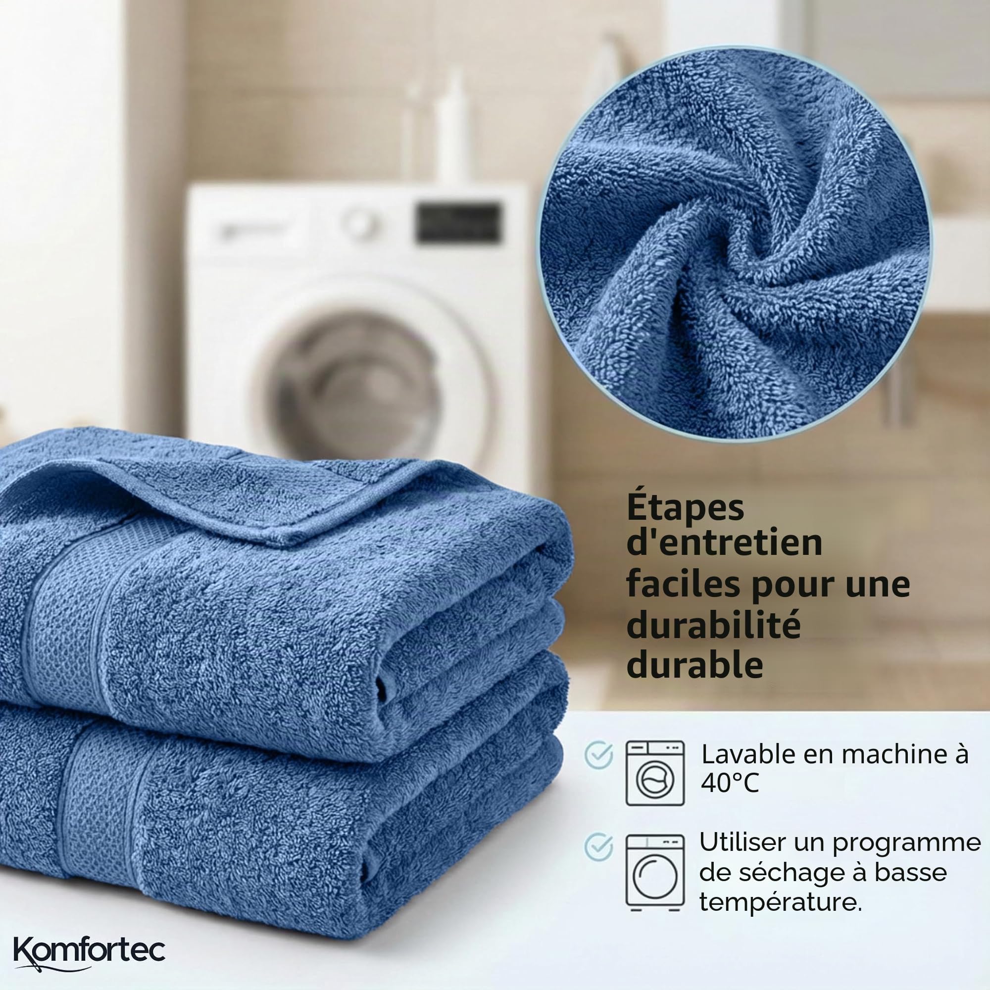 Komfortec Lot de 8 Serviettes 100% Coton, 4 Serviettes de Bain de 70 x 140 cm et 4 Serviettes de Toilette de 50 x 100 cm, éponge Douce, Grande Taille, Anthracite/Bleu Clair