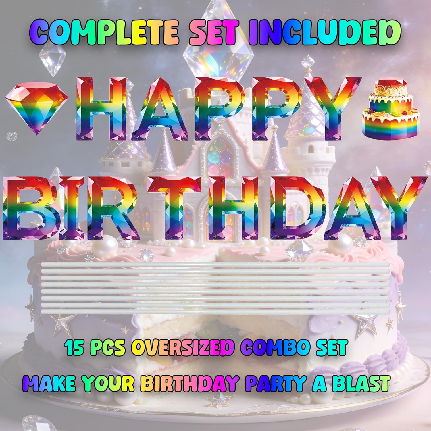 15PCS Colorful Diamond Pattern Happy Birthday Yard Signs with Stakes, Oversized Outdoor Lawn Decor, Weather-Resistant Reusable Party Yard Signs