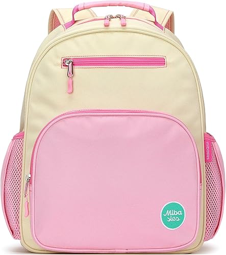 mibasies Mochila para niñas y niños, ideal para niños y niñas, mochila para preescolar jardín de infantes y primaria, beige rosado, Niños-12L US