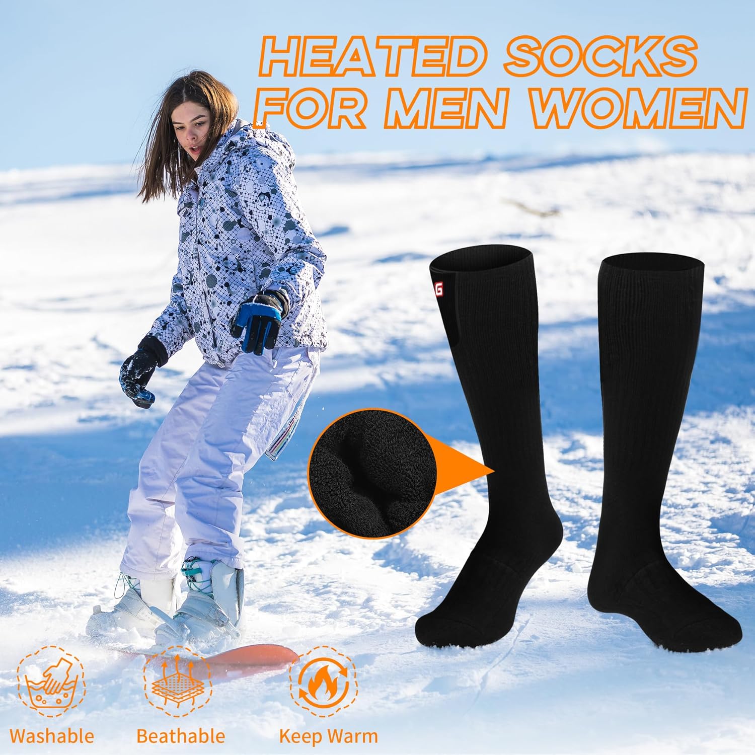 MMlove Heated Socks for Men Women, 3 Heat Settings, 4000mAh Battery, Electric Heated Socks, Washable Rechargeable Foot Warmers for Camping Fishing Skiing Hiking - Image 2