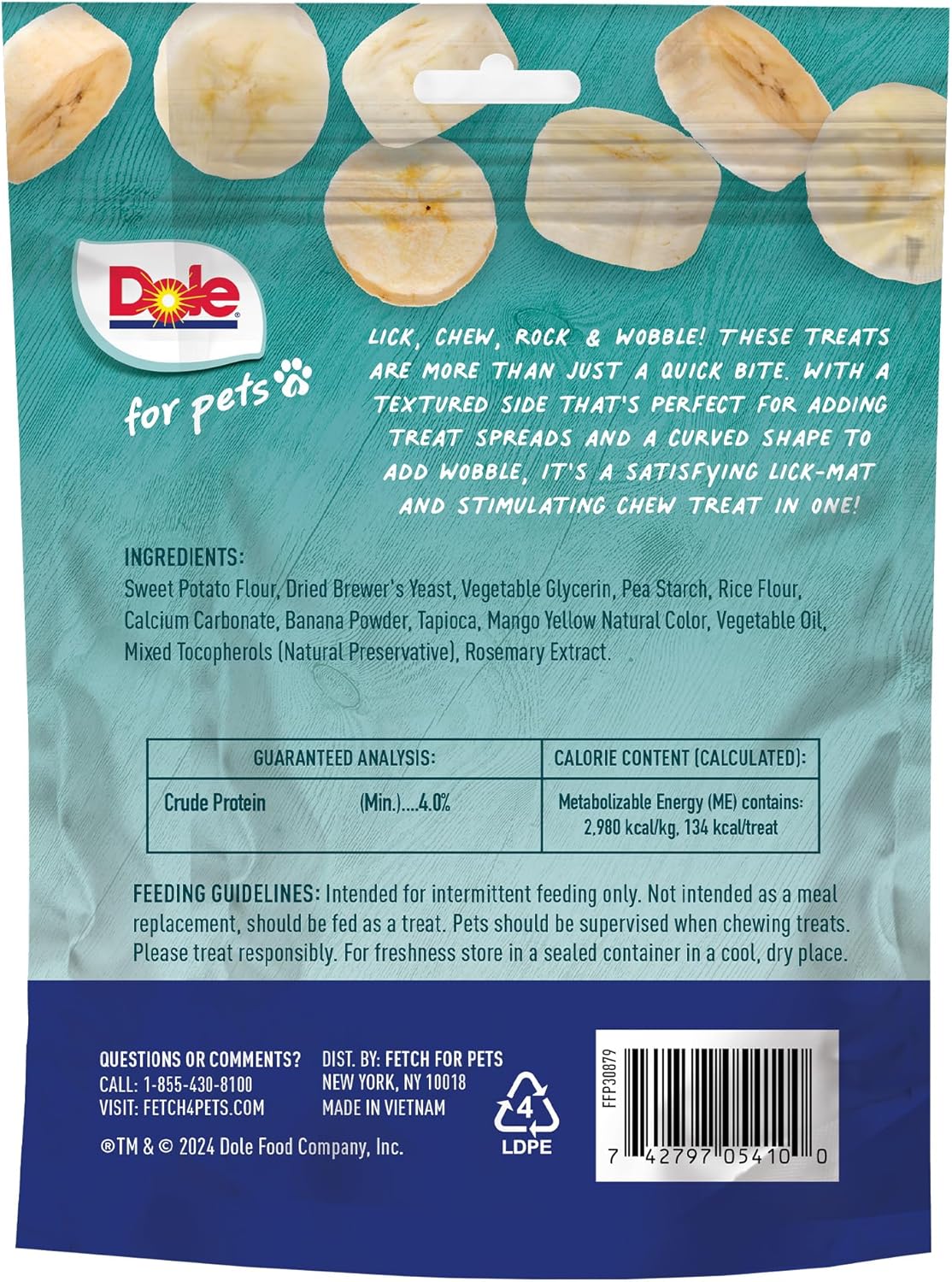Dole for Pets Freshly Fetched Lasting Chew Banana Flavor Dog Treats, Medium and Large Breeds, No Wheat, Corn, Soy, Artificial Flavors, Colors, or Animal Products, 8 Ounces, 5 Chews - 6 Pack