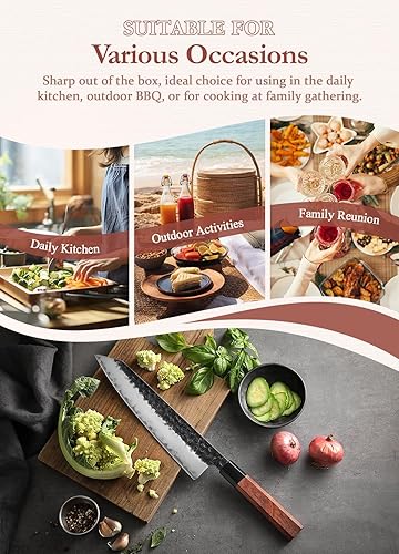 Vista 100 de HEZHEN Santoku - Cuchillo de chef de acero revestido de 3 capas, cuchillo de cocina japonés profesional para chefs y cocina casera, mango octogonal