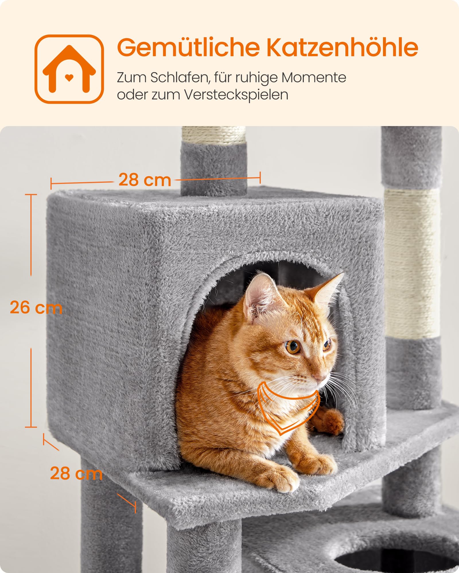 Feandrea Kratzbaum, 155 cm hoch, Katzenbaum mit 5 Kratzsäulen, 2 Plattformen, 2 Katzenhöhlen, Hängematte, 2 Plüschbälle, Plüsch, mehrstöckiges Design, hellgrau PCT192W01