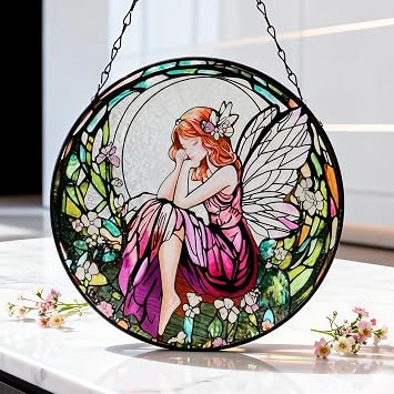 Flower Fairies Stained Glass Window Hanging,Suncatcher Hanging Decor for Indoor Outdoor Windows Yard Garden Decor Home Decorations Wall Art, Gift for Girls Mom Grandma Teacher