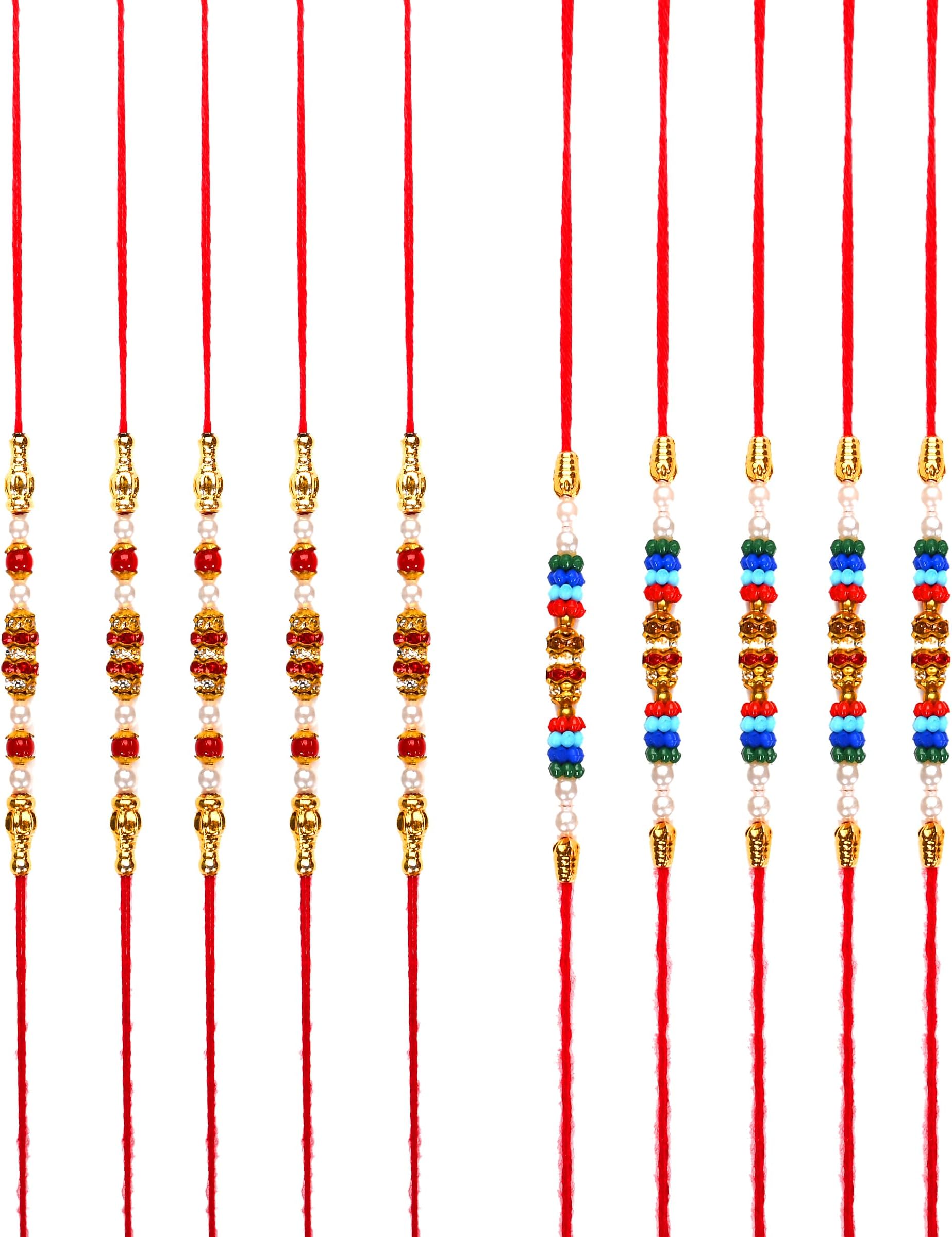 Tarini GallerySet of 10 Rakhi for Brother Bhabhi and Bhatija Bhai Bhaiya Raksha Bandhan gift Rakhi Thread Rakhi with Roli Chawal and Greeting card gift pack in pouch/Potli bag