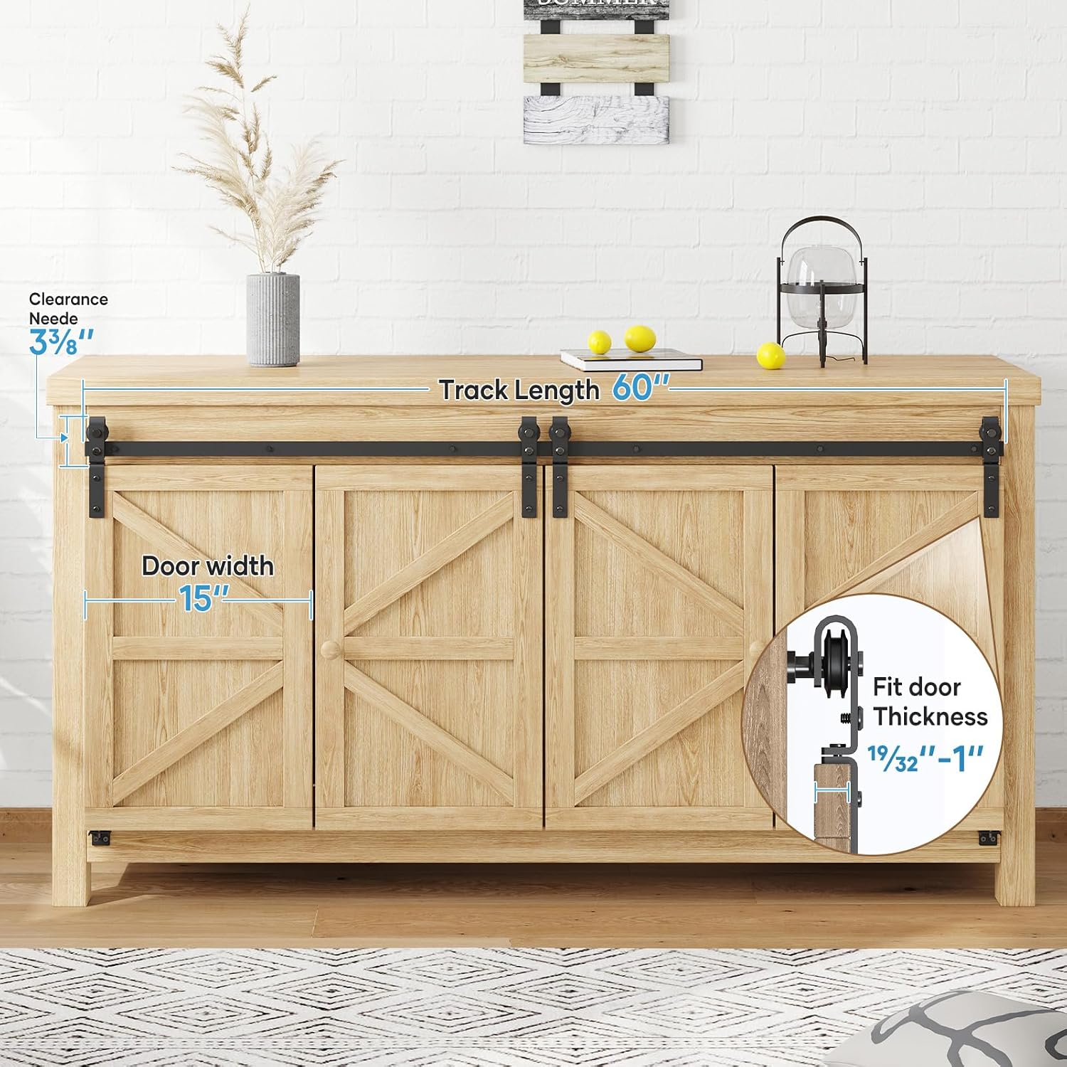 Diagram showing key dimensions for EaseLife Mini Cabinet Bi-Folding Sliding Barn Door Hardware Kit, including track length, door width, and door thickness