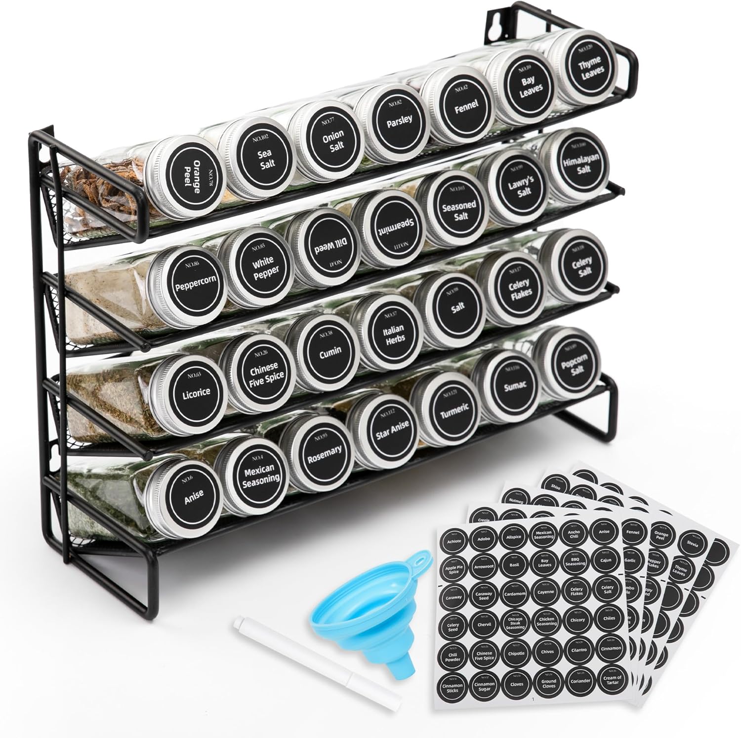 4-Tier Spice Rack Organizer Set – Wall Mounted or Countertop – Includes 28 Glass Spice Jars, 386 Spice Labels, Funnel, and Chalk Marker – Kitchen Spice Storage Solution