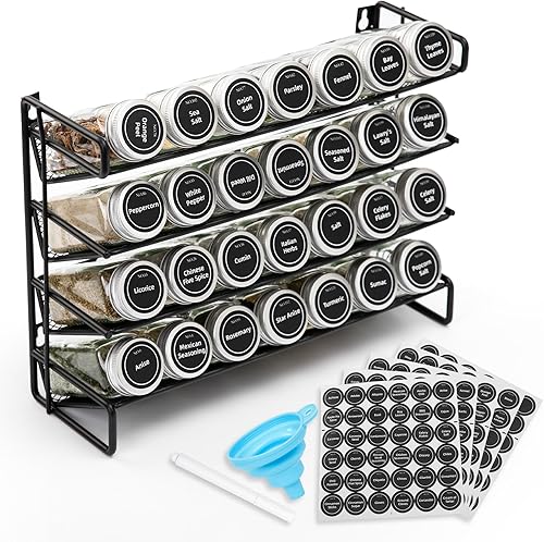 Juego organizador de especias de 4 niveles, montado en la pared o en la encimera, incluye 28 tarros de especias de vidrio, 386 etiquetas de