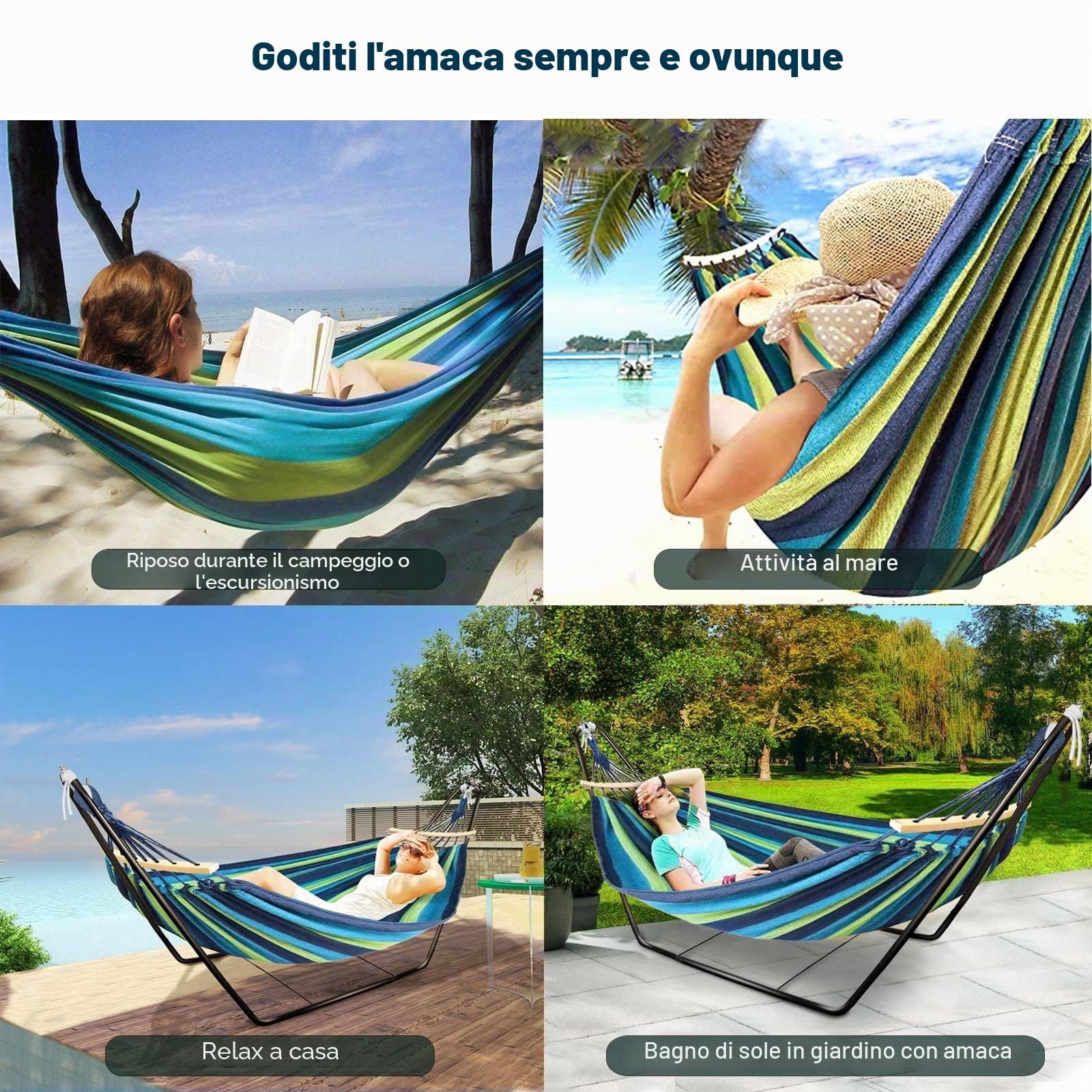 Amaca per 1-2 persone, amaca con telaio per interni ed esterni, 195 * 80 cm, capacità di carico fino a 135 kg Portatile con borsa per il trasporto per balcone, giardino, campeggio