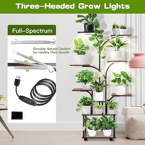 Miniatura 3 de Soporte para Plantas con Luz de Crecimiento, Estante para Plantas con Luz de Crecimiento, Estante de Metal de 8 Niveles con Luces de Crecimiento de